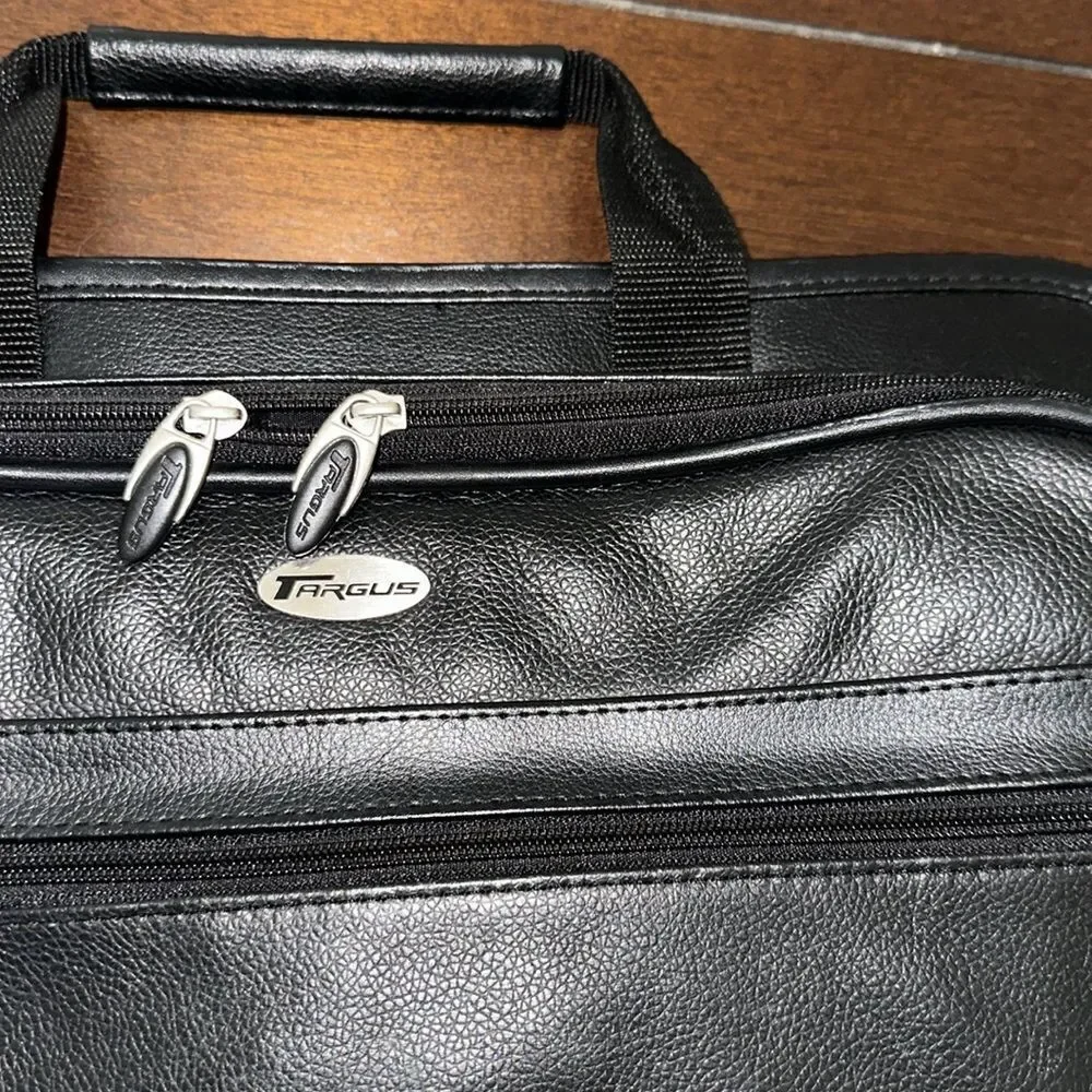 TARGUS Black Tech Padded Faux Leather Laptop Travel Bag with a Crossbody Strap